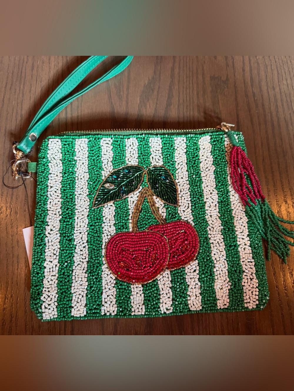 VIRAL Rachel Zoe Beaded Bag Cherry Motif Striped Wristlet Pouch